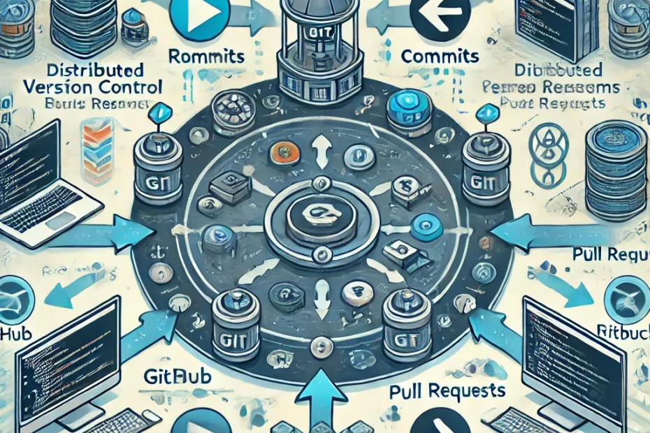 Versionskontrolle mit Git-Workflow, inklusive Repositories, Commits, Branches, Pull Requests und Code Collaboration. Zeigt verteiltes Versionskontrollsystem (DVCS) mit Remote- und lokalen Repositories, GitHub, GitLab und Bitbucket Logos.