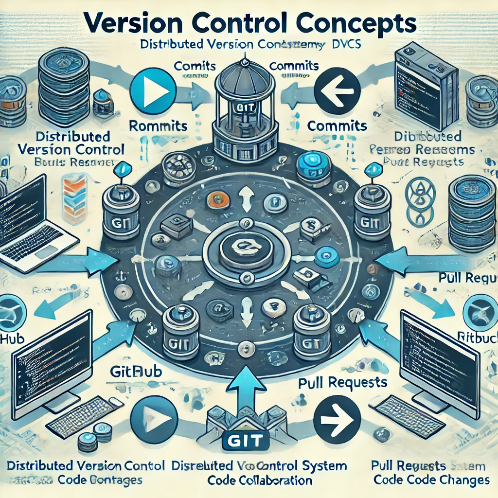 Versionskontrolle mit Git-Workflow, inklusive Repositories, Commits, Branches, Pull Requests und Code Collaboration. Zeigt verteiltes Versionskontrollsystem (DVCS) mit Remote- und lokalen Repositories, GitHub, GitLab und Bitbucket Logos.